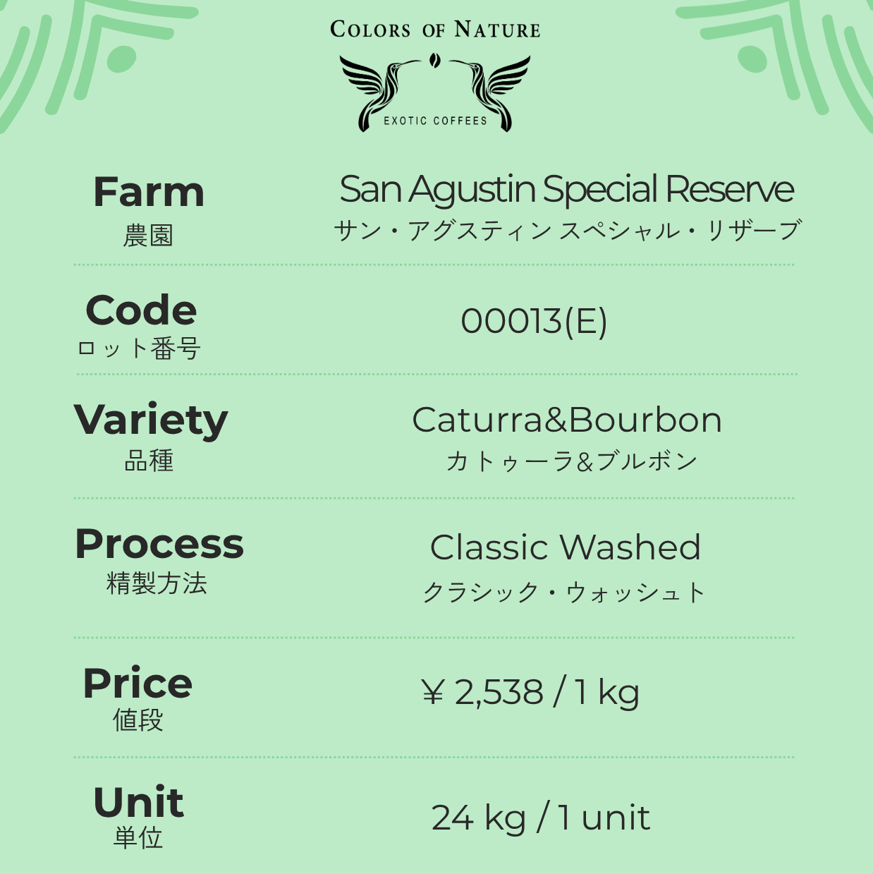 San Agustin Special Reserve カトゥーラ&ブルボン Caturra&Bourbon Classic Washed 00013(E)