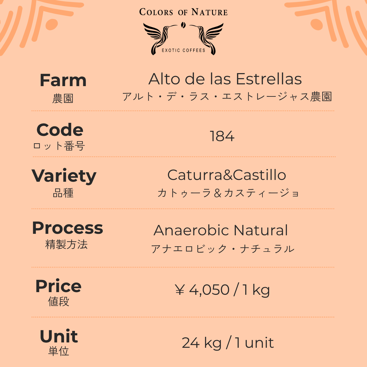 アルト・デ・ラス・エストレージャス農園 カトゥーラ＆カスティージョ Caturra&Castillo  Finca Alto de las Estrellas Anaerobic Natural 184